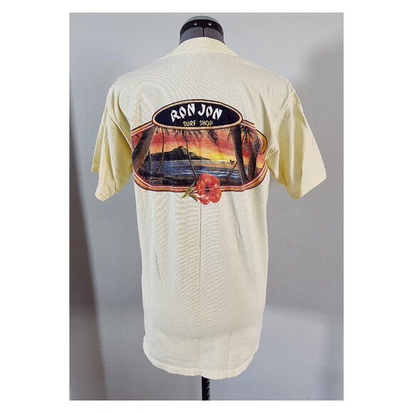 VTG Ron Jon Surf Shop Sz S Yellow Hawaii Hibiscus Graphic Cotton Tee Shirt - Picture 1 of 7